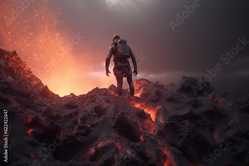 Man climbing lava mountain, Generative AI
