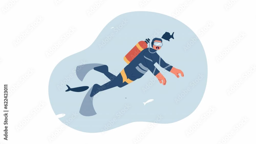 Underwater scuba diving cartoon animation. Snorkeler with air tank exploring sealife 4K video motion graphic. Diver swimming with fishes 2D color animated character isolated on white background Underwater scuba diving cartoon animation. Snorkeler with air tank exploring sealife 4K video motion graphic. Diver swimming with fishes 2D color animated character isolated on white background