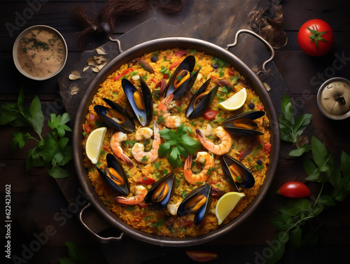 Top view of traditional Spanish seafood paella rice dish in a pot, dark background, ai generated