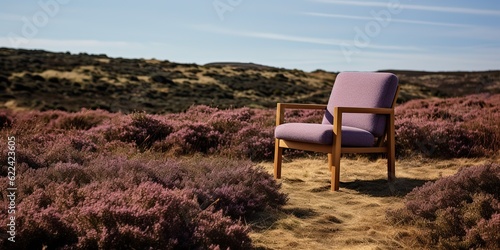 AI Generated. AI Generative. COzy wooden arm chair cozy on the nature outdoor wild field. Vacation relax vibe. Graphic Art