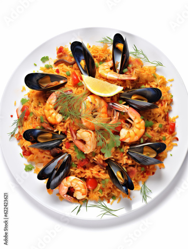 Traditional Spanish seafood paella rice dish in a pot, white background, ai generated