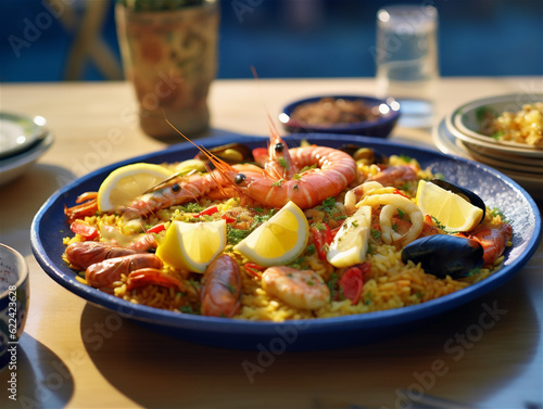 Traditional Spanish seafood paella rice dish on blue plate, ai generated