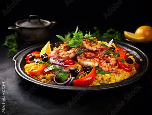 Traditional Spanish seafood paella rice dish in a pot, dark background, ai generated