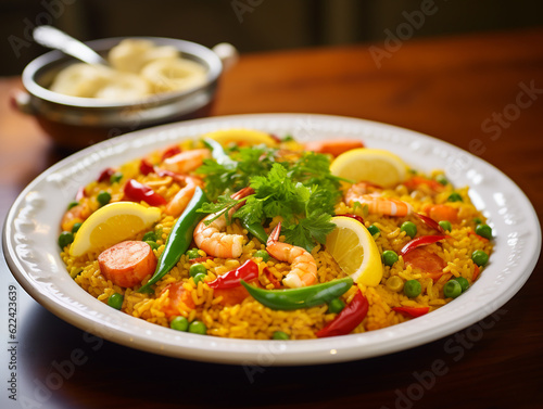 Traditional Spanish seafood paella rice dish on blue plate, ai generated