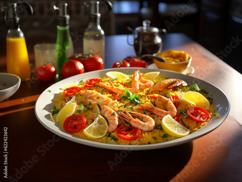 Traditional Spanish seafood paella rice dish on blue plate on a table, ai generated
