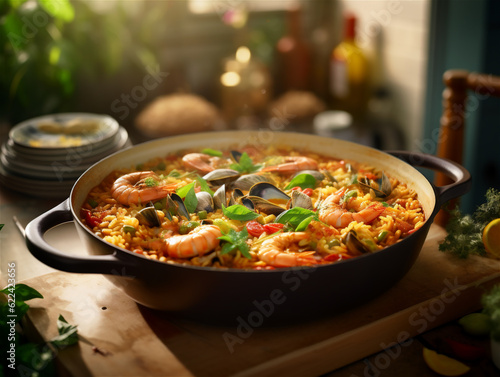 Traditional Spanish seafood paella rice dish in a pot, dark background, ai generated