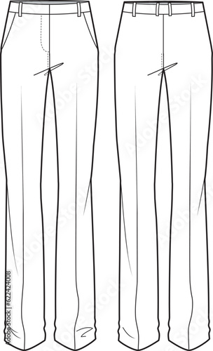 Women's Skinny flare trouser pants front and back view flat sketch fashion illustration