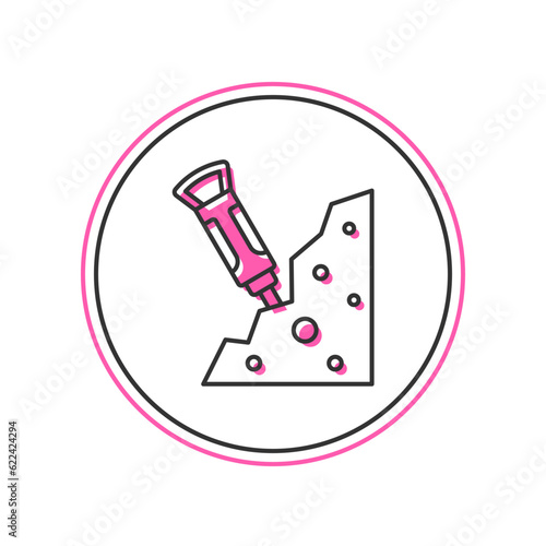 Filled outline Construction jackhammer and stone icon isolated on white background. Vector