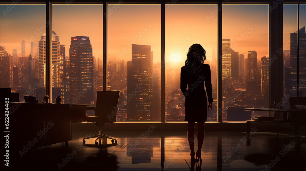 Business woman standing in her office overlooking the city Business woman standing in her office overlooking the city