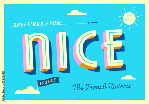 Greetings from Nice, France - The French Riviera - Touristic Postcard.