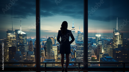 Business woman standing in her office overlooking the city