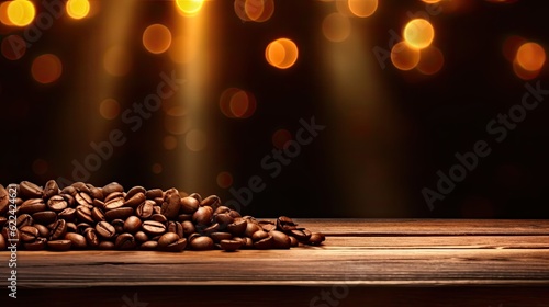 Coffee beans on wooden table with bokeh lights background