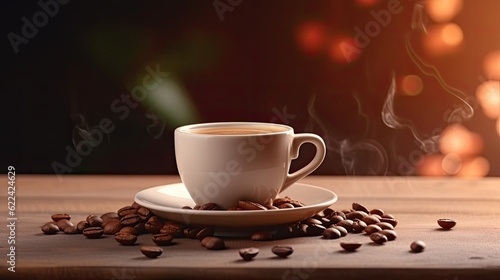 Cup of coffee with beans on wooden table and bokeh background