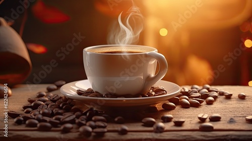 Coffee cup and coffee beans on a wooden table background