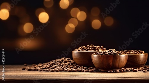 Roasted coffee beans in wooden bowl on wooden table with bokeh background