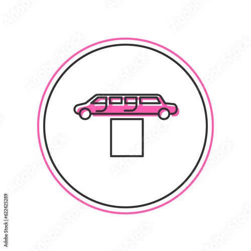 Filled outline Luxury limousine car and carpet icon isolated on white background. For world premiere celebrities and guests poster. Vector