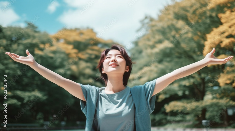 Japanese woman embracing nature Japanese woman embracing nature