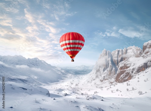 Colorful hot-air balloon flying over snowcapped mountain. Created with Generative AI technology.