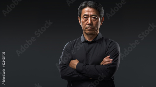 Japanese middle aged man standing with arms crossed
