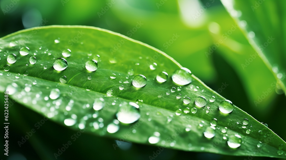 Large rain drops on a green leaf Large rain drops on a green leaf
