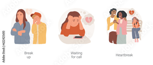 Teenage heartbreak isolated cartoon vector illustration set. Teen problems in relationship, young couple break up, waiting for call, looking at smartphone, jealous with ex boyfriend vector cartoon.
