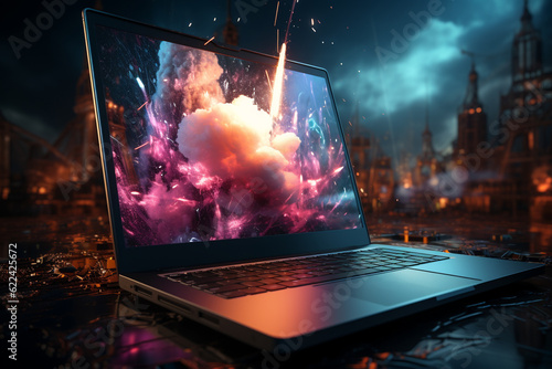 Rocket launch out of a laptop blue pink neon