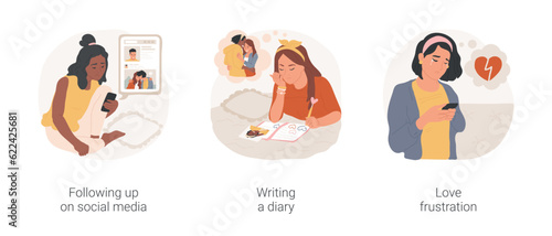 Unrequited love isolated cartoon vector illustration set. Teenage girl following up boy on social media, writing a diary, drawing hearts, love frustration, unhappy love, teen frustration vector