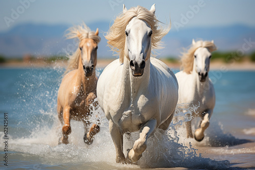 White horses running on the seashore