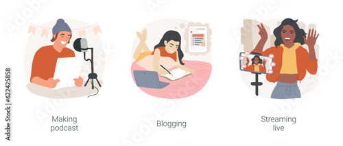 Running a blog isolated cartoon vector illustration set. Teenager recording podcast, audio content creation, teen blogging, streaming live on social media, filming on smartphone vector cartoon.