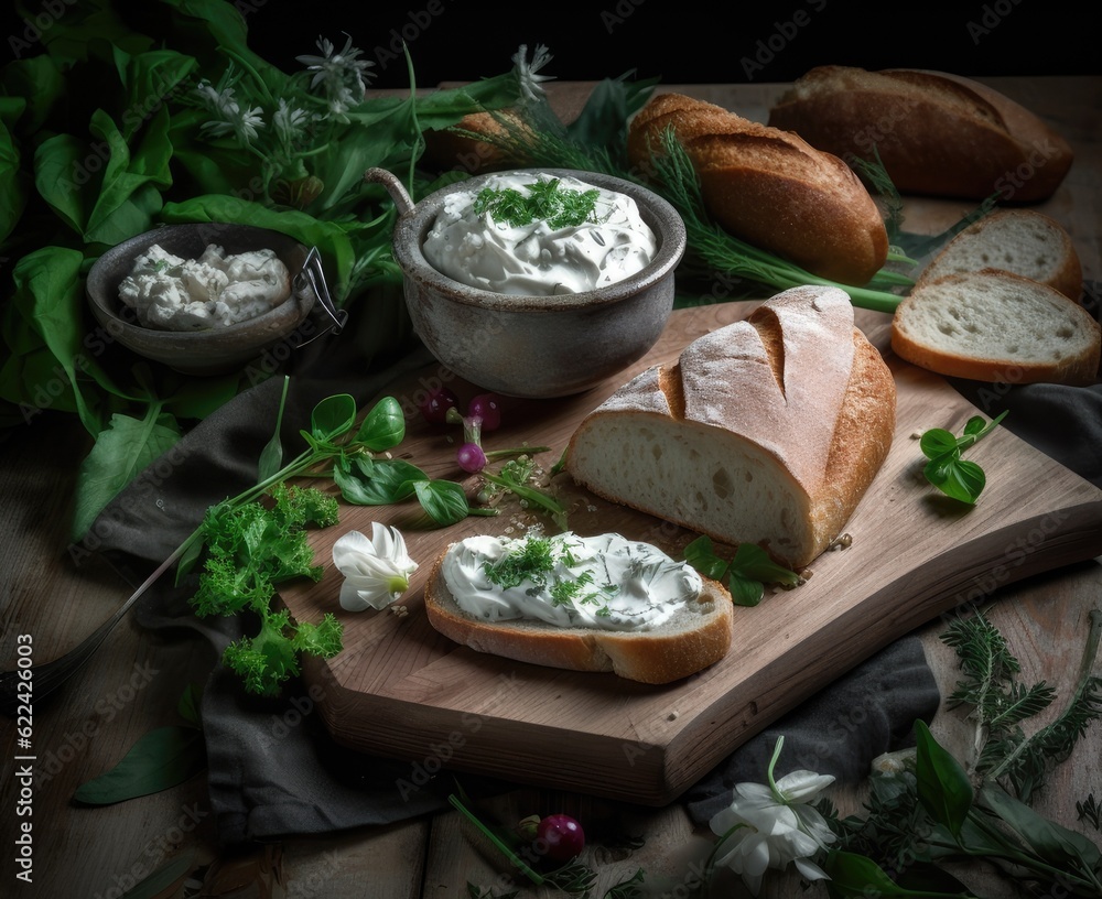 Bread and dishes on oak board. On the atmospheric black oak table and hand with knife. Created with Generative AI technology.