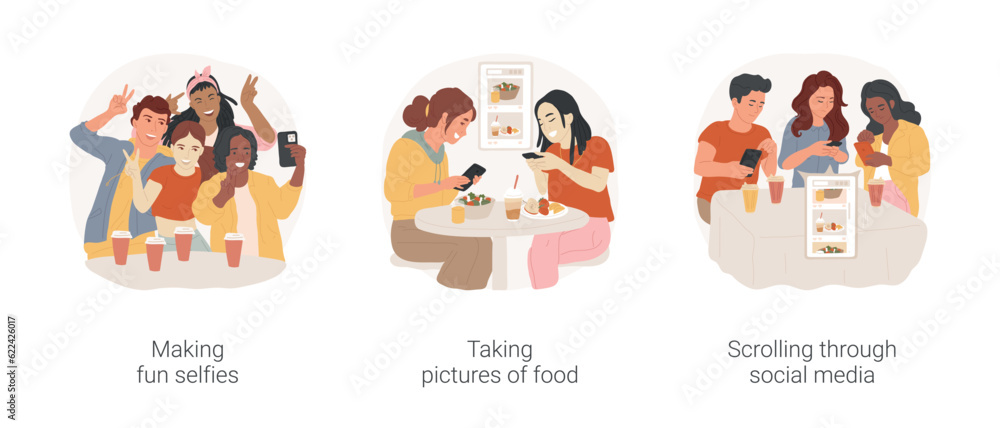 Teenagers and social media isolated cartoon vector illustration set ...