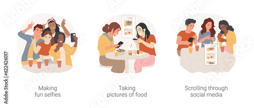 Teenagers and social media isolated cartoon vector illustration set. Diverse teens making fun selfies, taking pictures of food, scrolling through social media, smartphone addiction vector cartoon. © Vector Juice