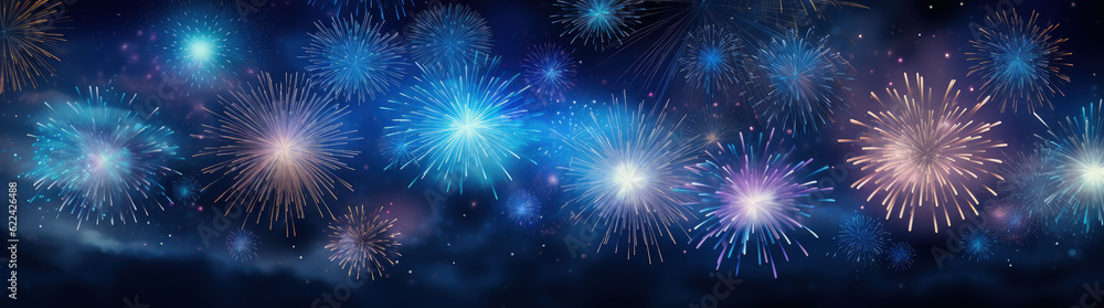 Fototapeta premium Colorful Fireworks by Night, Celebrate Happy New Year, New Years Eve Wallpaper - Generative Ai