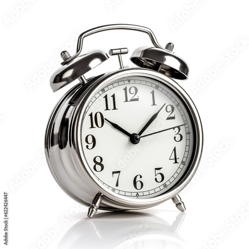 silver alarm clock on white background