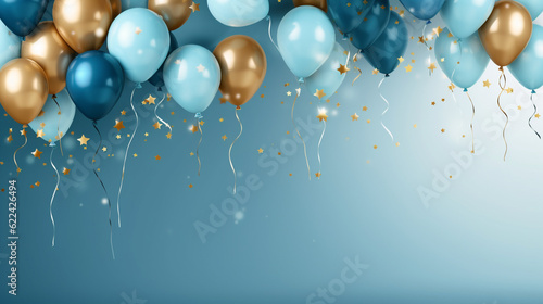 Sky blue and gold balloons on white background