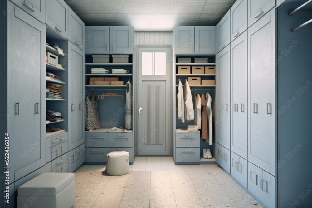 Scandinavian wardrobe, walk in wardrobe full with clothes Scandinavian wardrobe, walk in wardrobe full with clothes