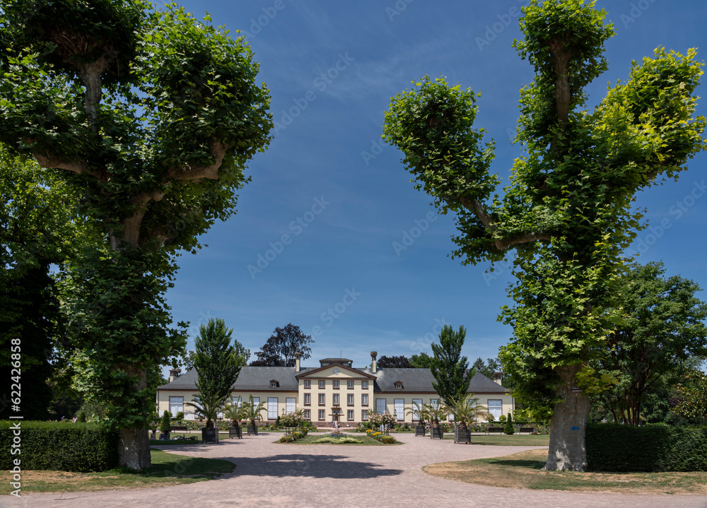 Strasbourg, France - 06 26 2023: Orangerie Park: View of The Josephine pavilion building and garden around.