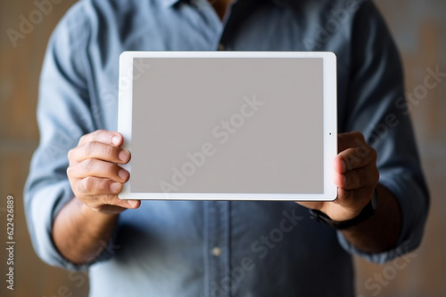Man holding a tablet, grey screen tablet template