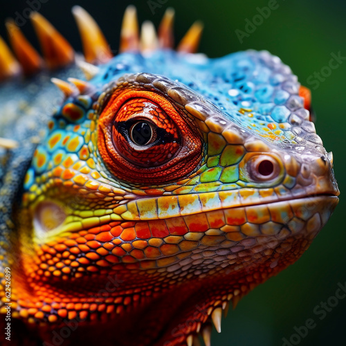Closeup Portrait Of Beautiful Colorful Iguana. Exotic Reptile  Wild Animal. Pet. AI Generated