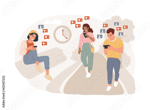 Mindlessly scrolling isolated concept vector illustration. Clicking on applications, social media addiction, mindlessly scrolling through newsfeed, random likes, screen addict vector concept.