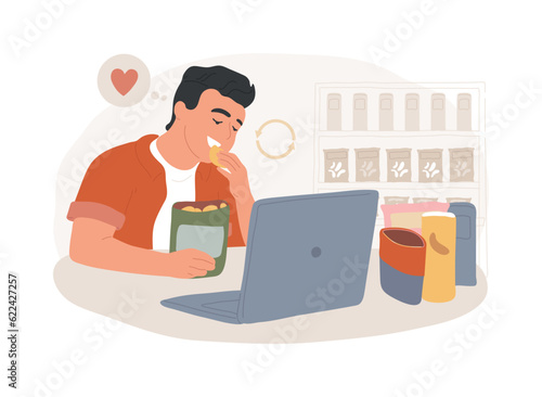 Snacking non-stop isolated concept vector illustration. Mindless snacking, junk food, non-stop eating while working, reduce cholesterol use, diet and nutrition, addictive habit vector concept.