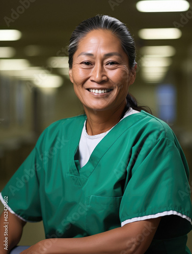 Native American Indian nurse in green scrubs working in a hospital