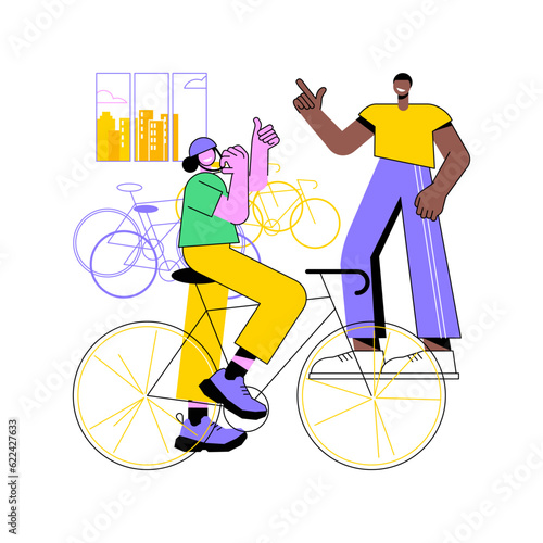 Find the perfect bike isolated cartoon vector illustrations. Young woman choosing a bike for rent, consulting with bicycle store owner, tourism business, outdoor equipment vector cartoon.