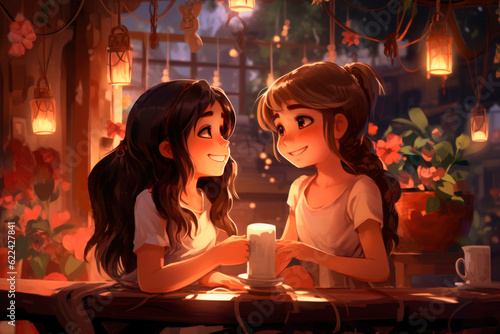 Two best friends are talking on the veranda surrounded by candles and flowers. Best friends forever. AI generated