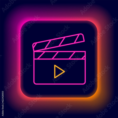 Glowing neon line Movie clapper icon isolated on black background. Film clapper board. Clapperboard sign. Cinema production or media industry. Colorful outline concept. Vector