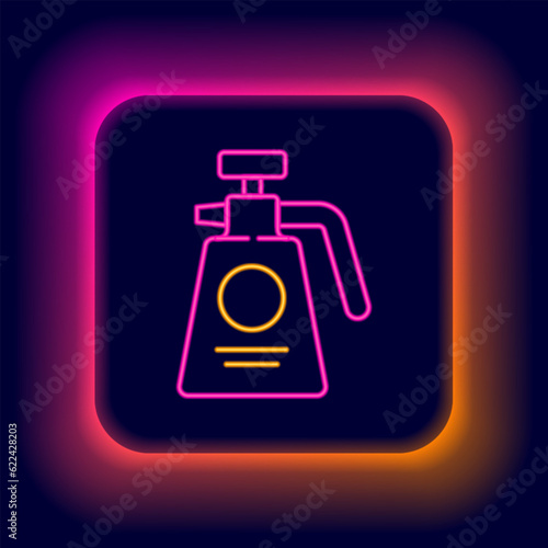 Glowing neon line Garden sprayer for water, fertilizer, chemicals icon isolated on black background. Colorful outline concept. Vector
