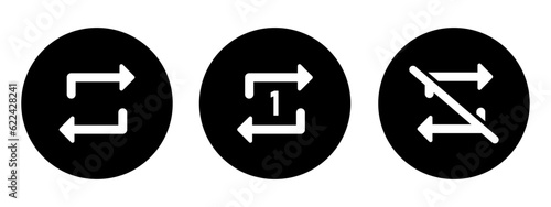 Repeat, replay, next song and don't repeat song icons. Repeat music button icon vector for media player application.  Isolated repeat player button multimedia sign designs in black circle.