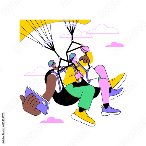 Paragliding isolated cartoon vector illustrations. Young smiling couple paragliding together, tourism industry, travel agency business, adventure tour, exclusive recreation vector cartoon.