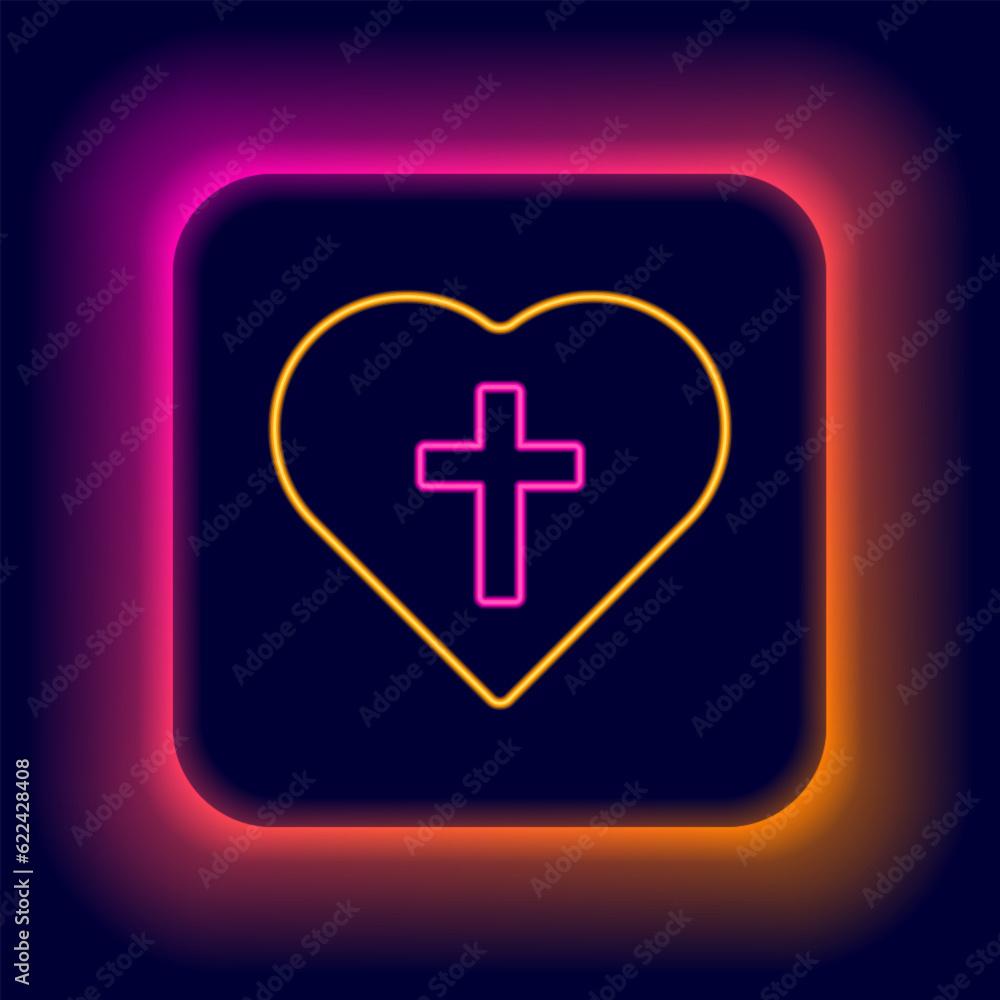 Glowing neon line Christian cross in heart icon isolated on black background. Happy Easter. Colorful outline concept. Vector Glowing neon line Christian cross in heart icon isolated on black background. Happy Easter. Colorful outline concept. Vector