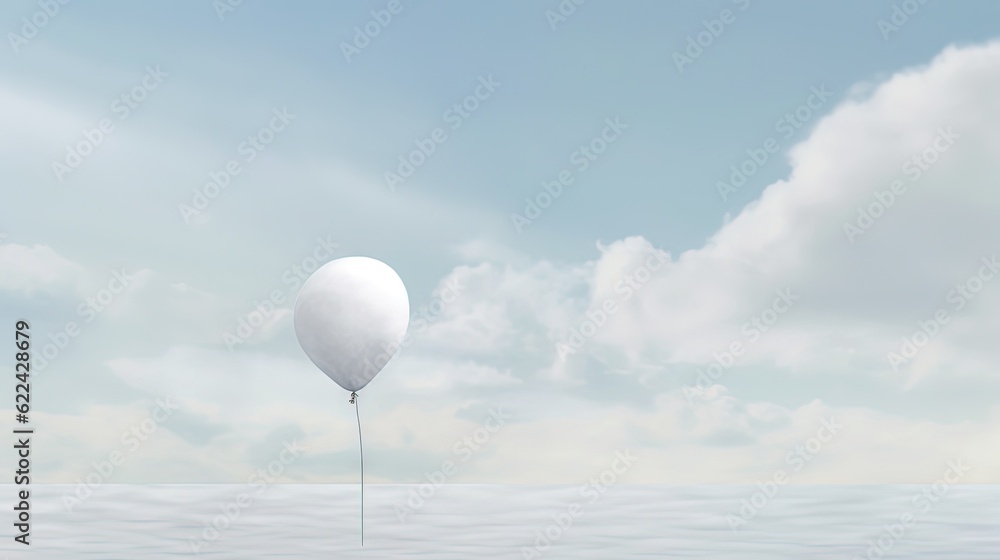 a white balloon floating in the air over a body of water. generative ai a white balloon floating in the air over a body of water. generative ai